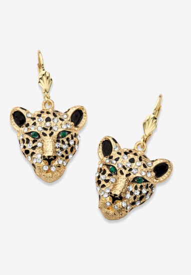 Gold Tone Leopard Face Drop Earrings - PalmBeach Jewelry - Click Image to Close