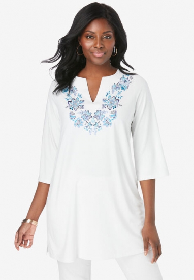 Embroidered Notch Neck Tunic - Jessica London - Click Image to Close