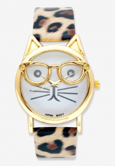 Gold Tone Leopard Print Cat Watch, 7.5 inches plus Extender - PalmBeach Jewelry - Click Image to Close