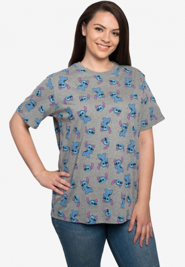 Women's Disney All-Over Print Stitch Short Sleeve T-Shirt Gray - Disney - Click Image to Close