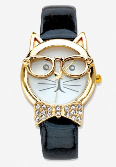 Gold Tone Bowtie Cat Watch with Adjustable Black Strap 8\ - PalmBeach Jewelry - Click Image to Close
