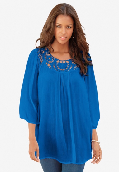 Lace Neckline Tunic with Three-Quarter Sleeves - Roaman's - Click Image to Close