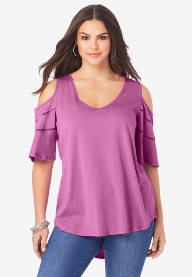 Ruffle-Sleeve Top with Cold Shoulder Detail - Roaman's - Click Image to Close